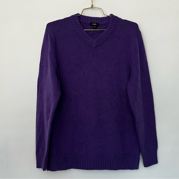 Express Wool Blend V-Neck Sweater Men's Purple Long Sleeve - Picture 1 of 6